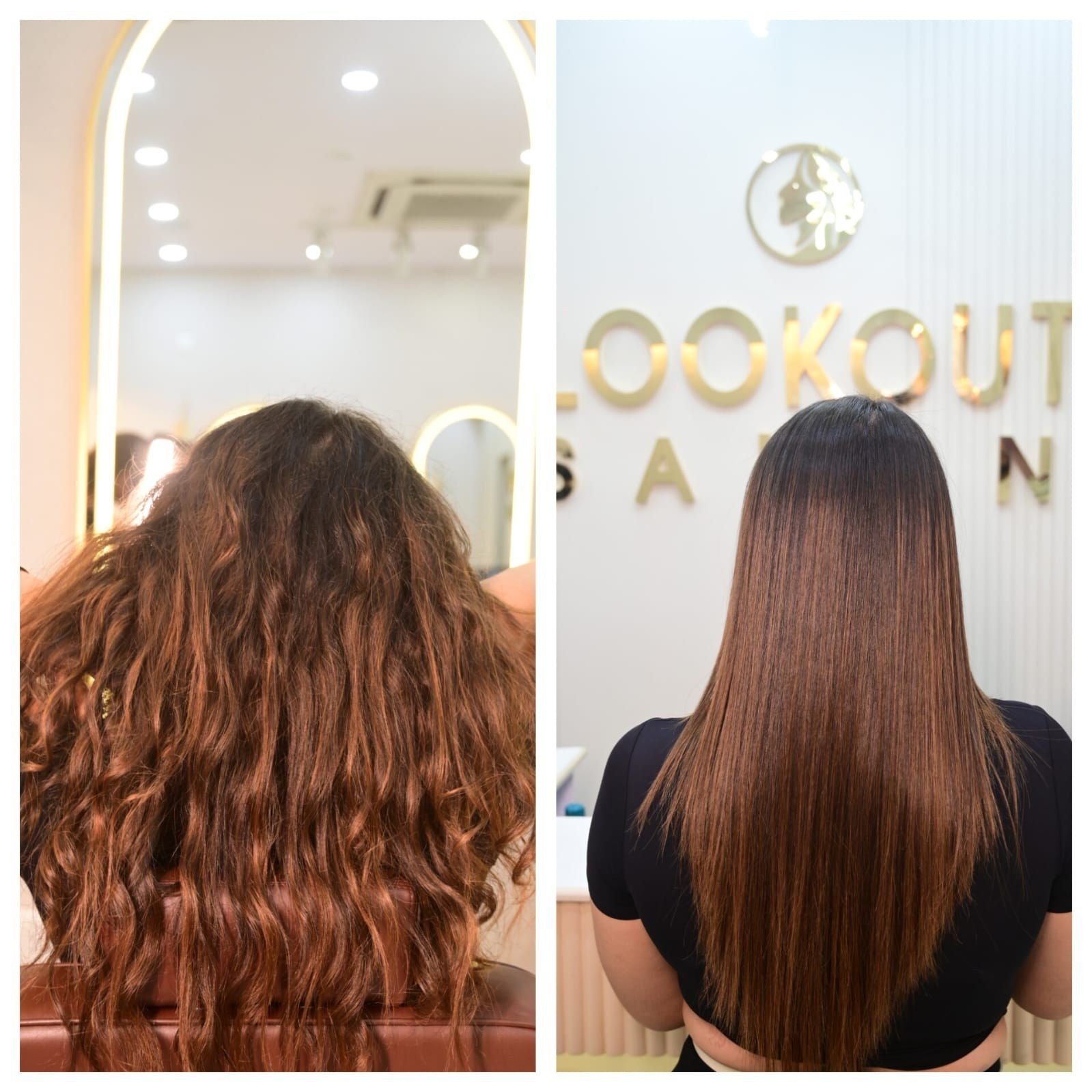 Side by side: frizzy, wavy copper-brown hair before, and long smooth straight hair after
