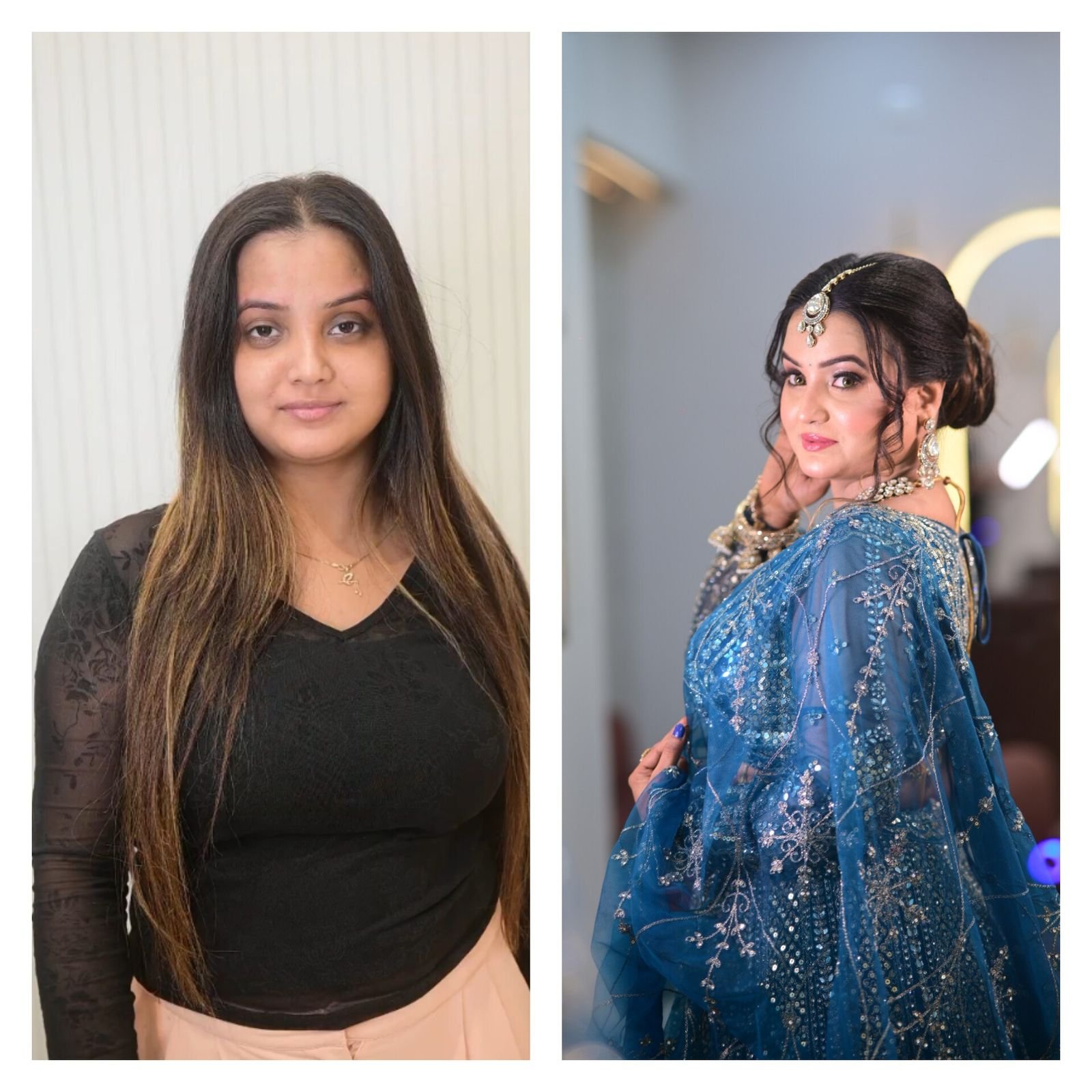 Side by side: a client before makeup, and the finished bridal look in a blue embellished dupatta with a maang tikka
