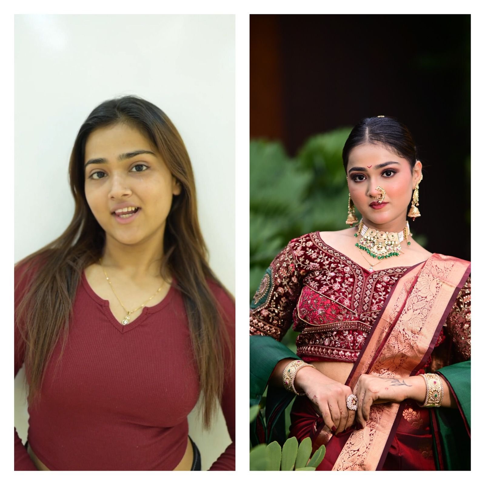 Side by side: a client before makeup, and the finished bridal look in a maroon lehenga with a green dupatta
