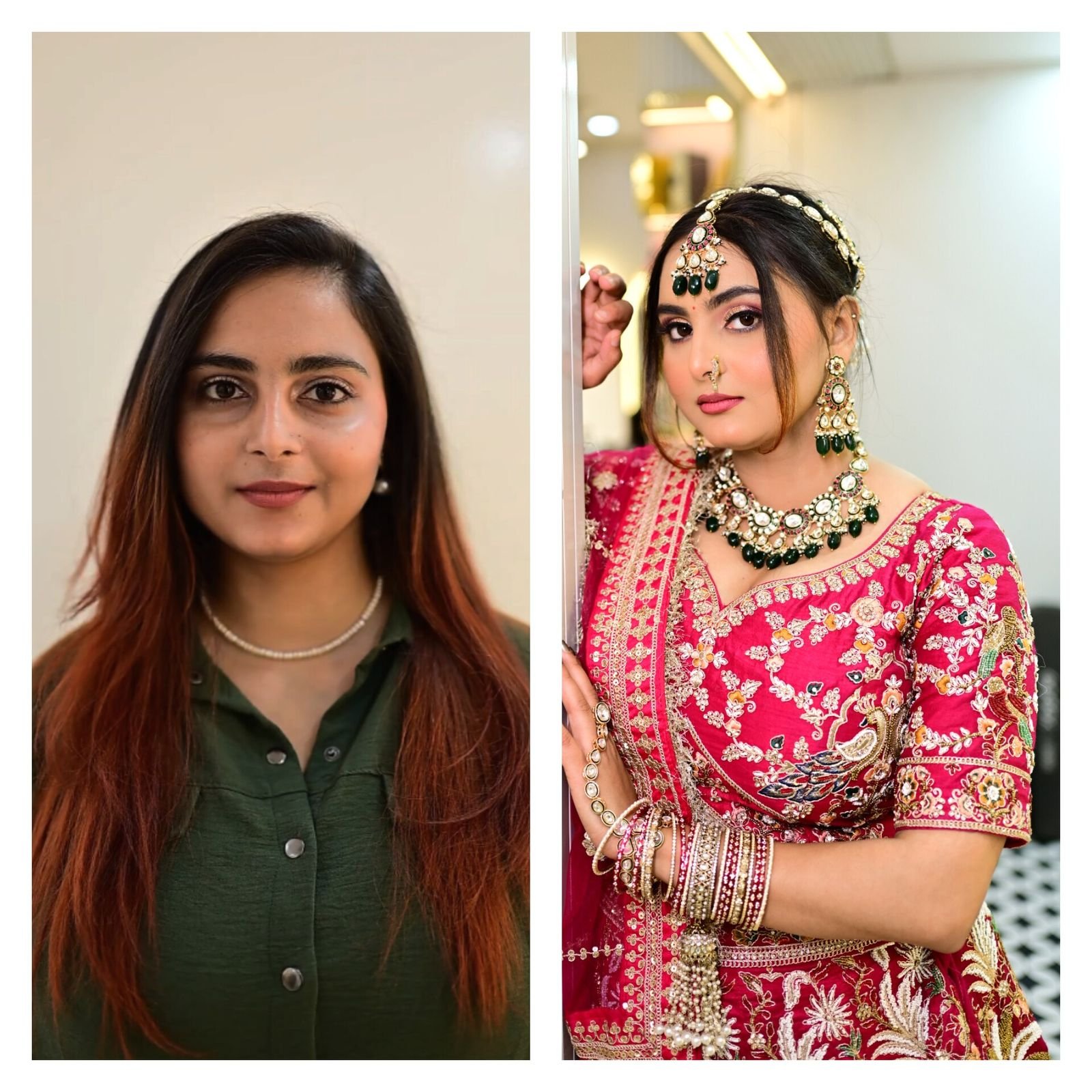 Side by side: a client before makeup, and the finished bridal look in a pink and red lehenga with kundan jewellery