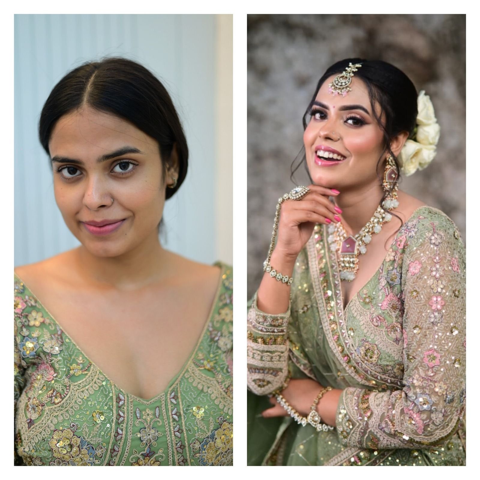 Side by side: a client before makeup, and the finished bridal look in a sage green embroidered outfit with a floral hair accessory